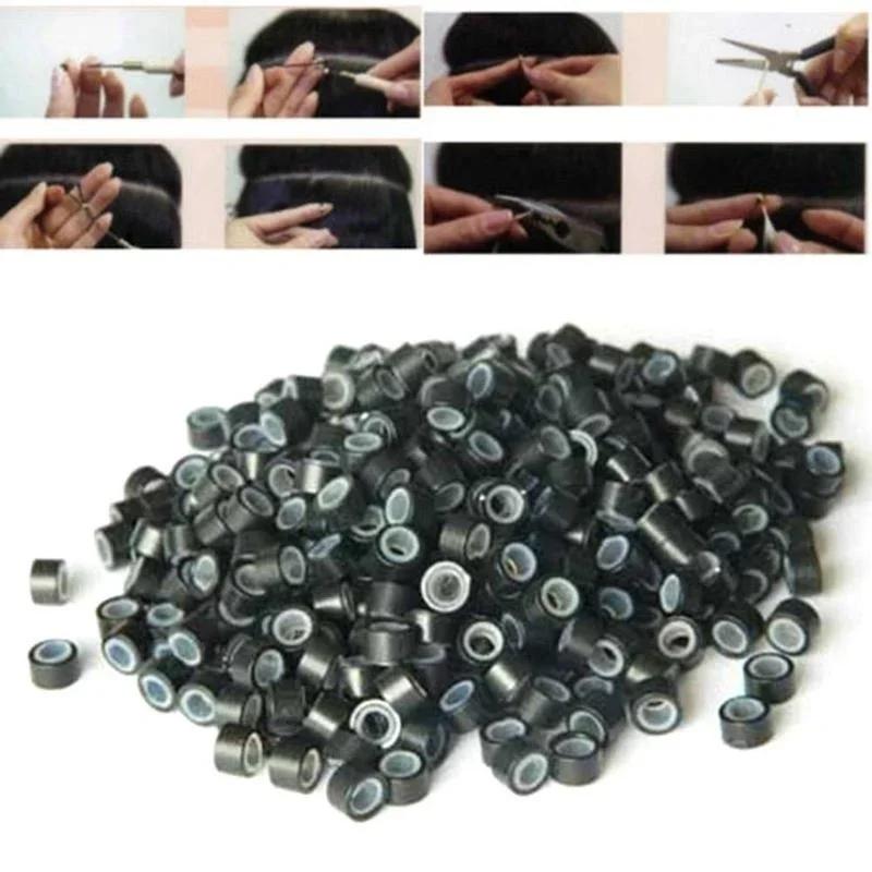 Ungefähr 500 Stück/Flasche Aluminium Silikon Haarverlängerungsring Schnalle Schwarz Braun Salonwerkzeuge Haarschönheitszubehör