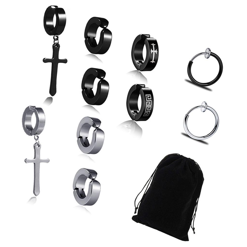 10 Pcs Cross Ear Clip Titanium Steel Men Rock Style Clip On Hoop Earrings Individually Packed Lightweight Fashionable