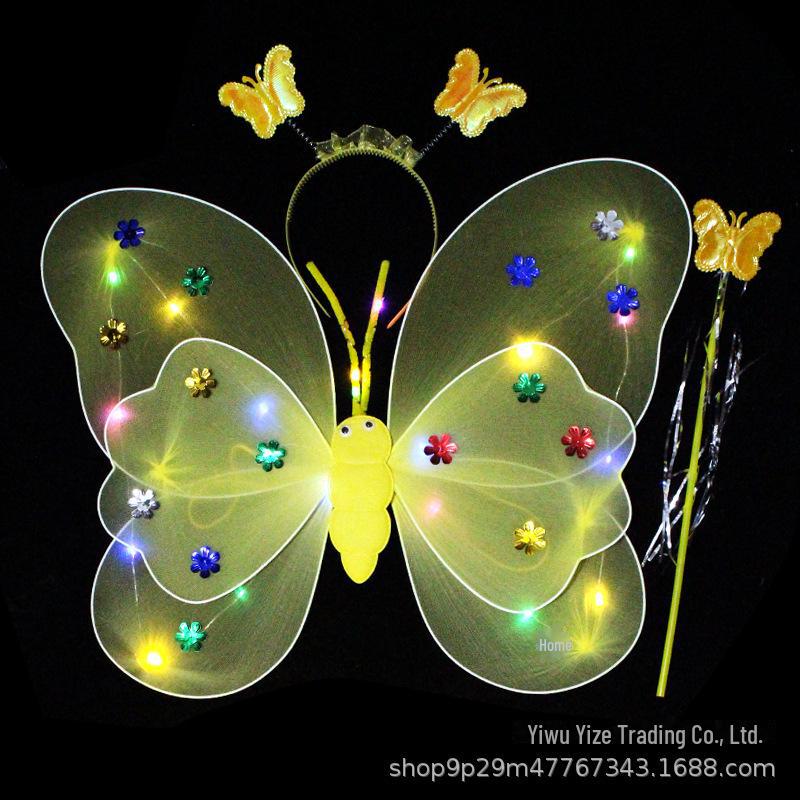 Children's Glow Angel Costume: Girl's Gauze Skirt with Flashing Wings and 20-Light Butterfly Design, 3-Piece Set.