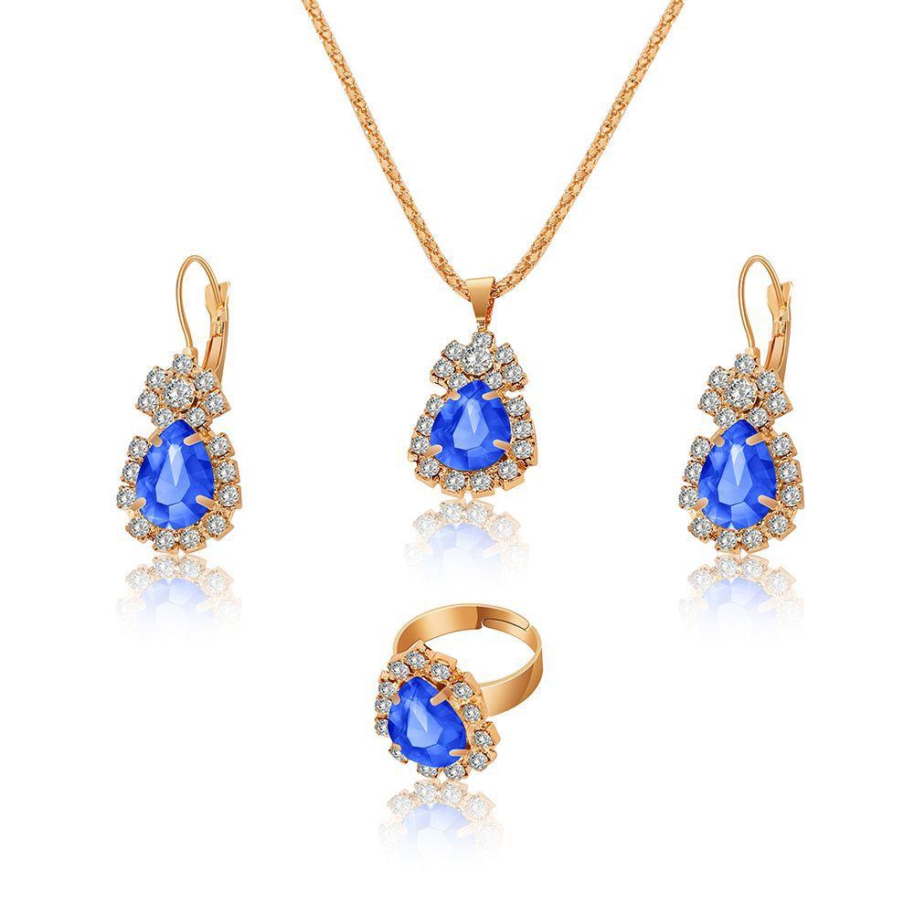 Wholesale Bridal Jewelry Set Ins Water Drop Rhinestone Necklace Earrings Ring Set