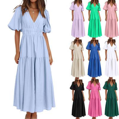 Women's Fashion Color Short Sleeve Cotton Linen Patchwork Pleat Dress