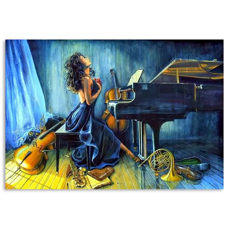 Abstract Sexy Woman Play Piano Cello Canvas Painting Romantic Music Figure Wall Art Poster and Prints for Living Room Home Decor
