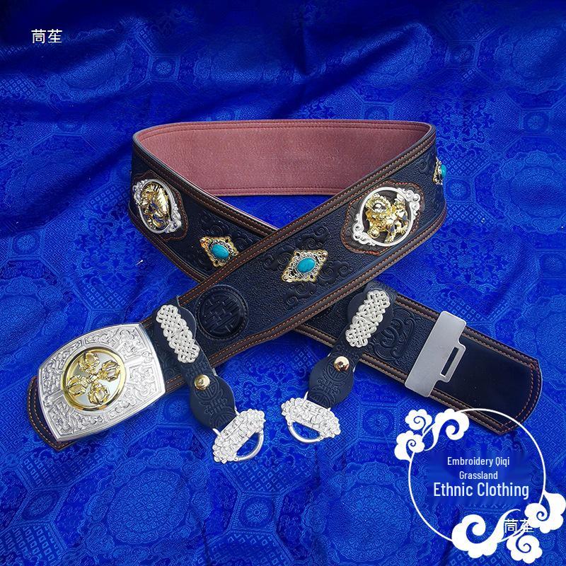 Мужской традиционный монгольский кожаный ремень - Ручная работа, дизайн с головой белого дракона оранжевый