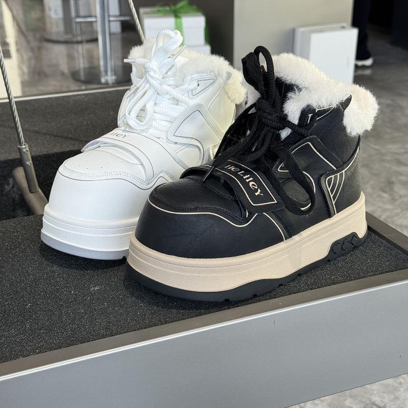 Scarpe alte con plateau, sneakers calde in peluche da donna con lacci, lana ispessita, scarpe grandi alla moda in cotone, stivali da neve vintage