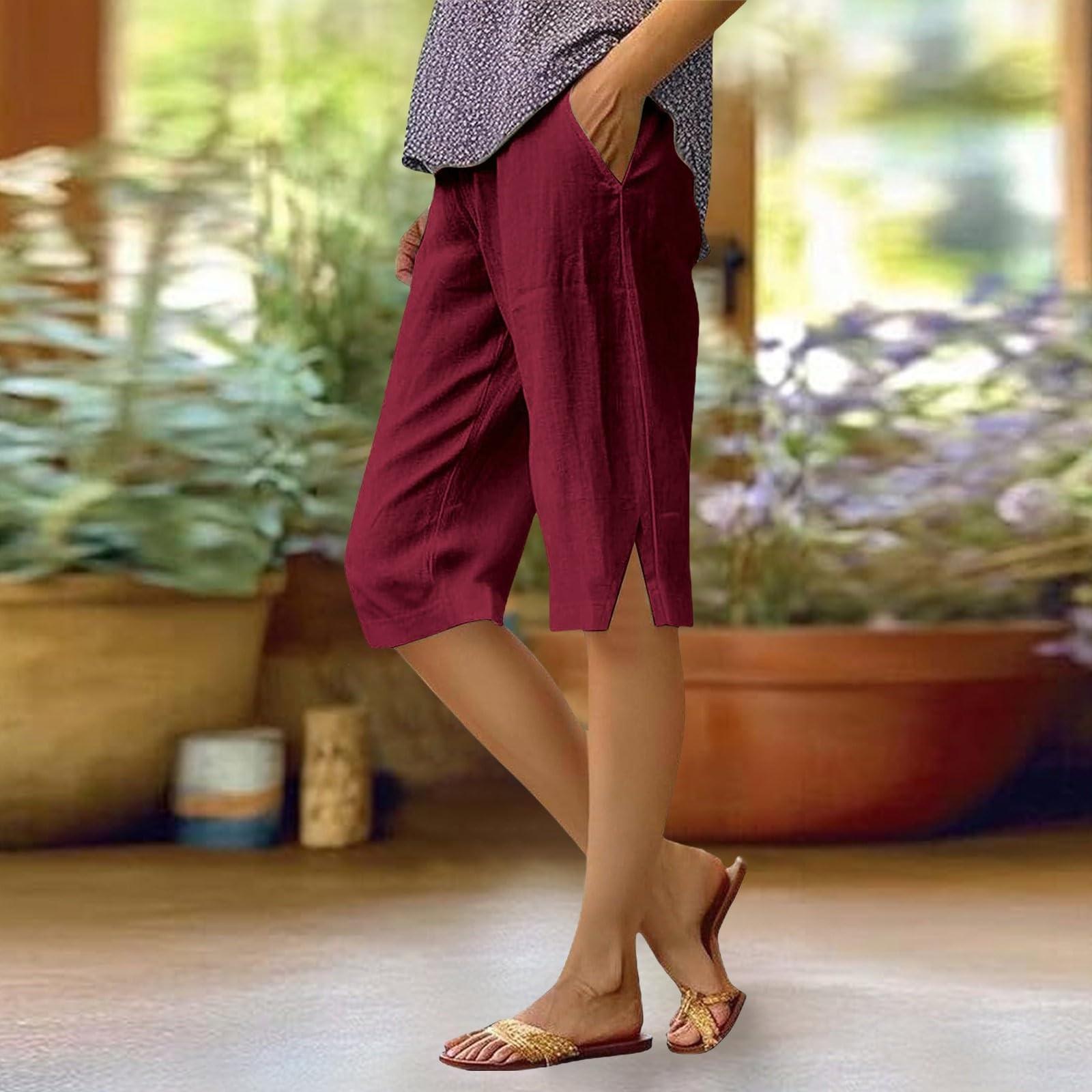 

Women s Fashion Solid Color Loose Pocket Elastic Waist Cotton Linen Casual Five Pants XXL винний