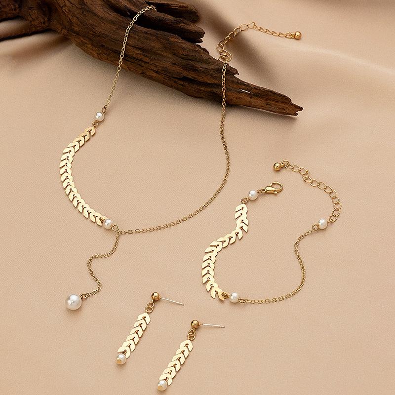 Simple Wheat Ear Pearl Bracelet Necklace Earrings Jewelry Set For Women Temperament Lucky Gold Color Bracelet Charm Jewelry