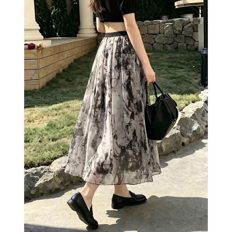 Demana Elegant 100% Silk Ink Print A-Line Skirt