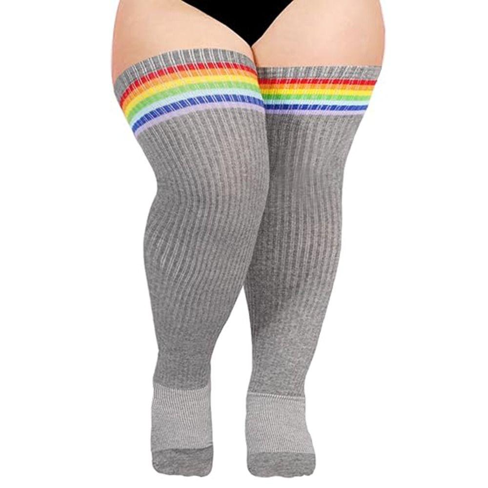 Knitted Thigh High Socks Plus Size Leg Warmer Rainbow Striped Tube Socks Thick Thighs