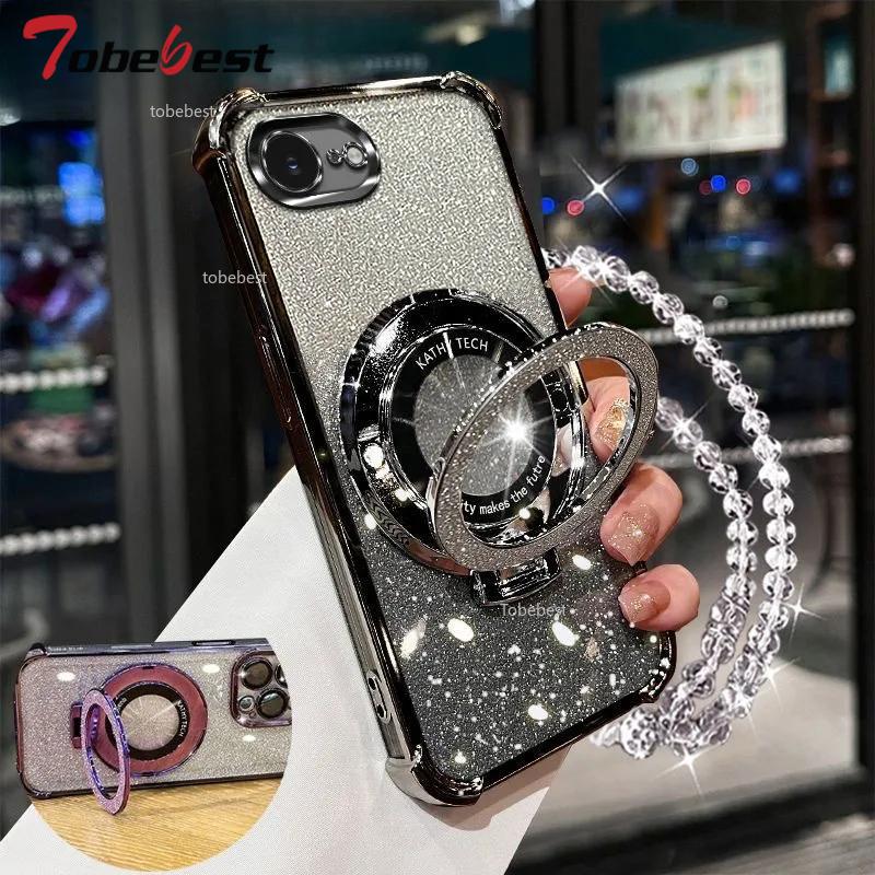 For iphone 16E 2025 16 15 14 Plus 13 12 11 Pro Max Case Shockproof Glitter Plating Crystal Bracelet Magsafe Phone Holder Cover