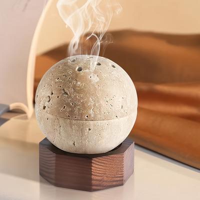 1PC Natural Gypsum Incense Burner, Handmade Round Incense Burner with Hexagonal Wooden Base, Very Suitable for Home Decoration