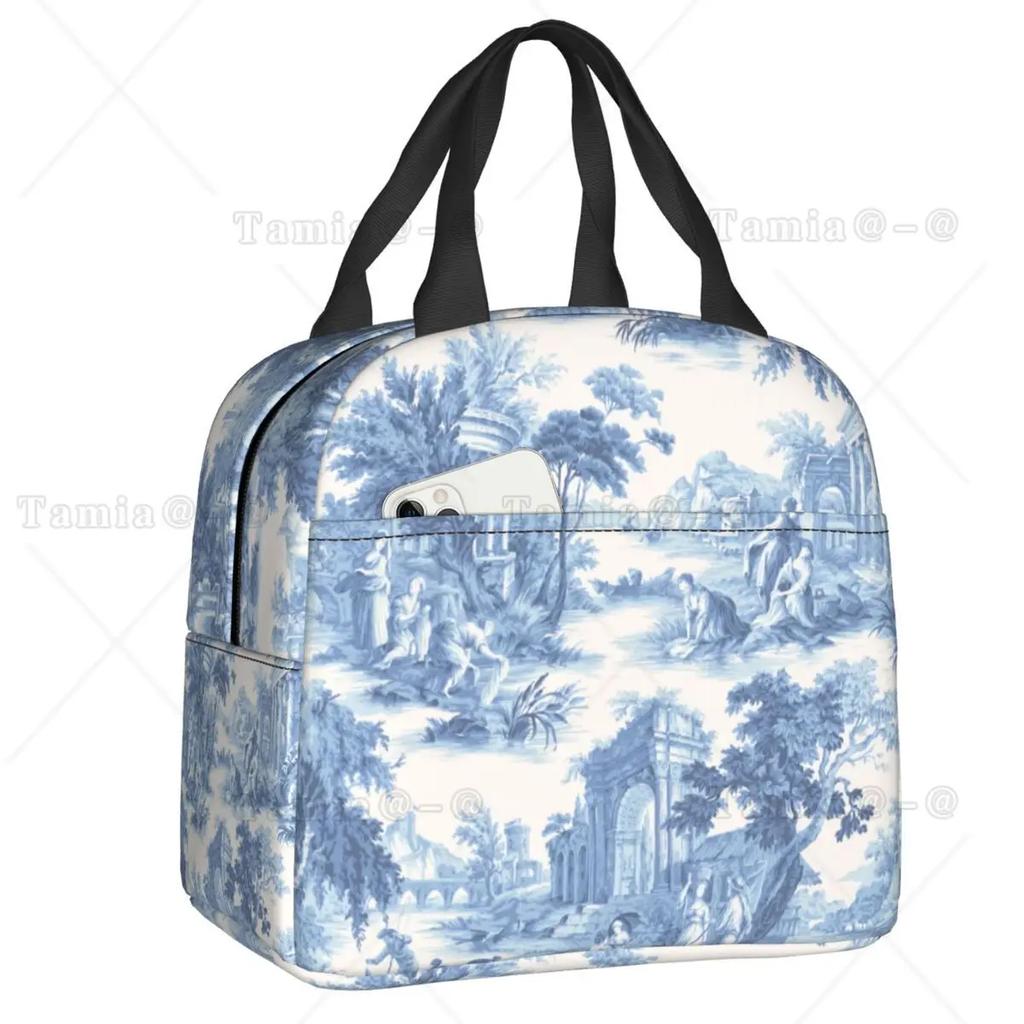 French Toile De Jouy Navy Blue Motif Pattern Thermal Insulated Lunch Bag Lunch Container for Outdoor Picnic Storage Food Box