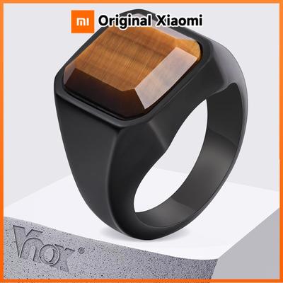 Vnox Tigerauge Stein Ring für Männer, Geometrischer Quadratischer Edelstahl Metall Fingerring, Stilvoller Ringband Hochzeitsgeschenk Größe 7-12