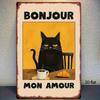 Vintage Metal Sign Black Cat Coffee Bread Bonjour Retro Wall Art 20x30cm