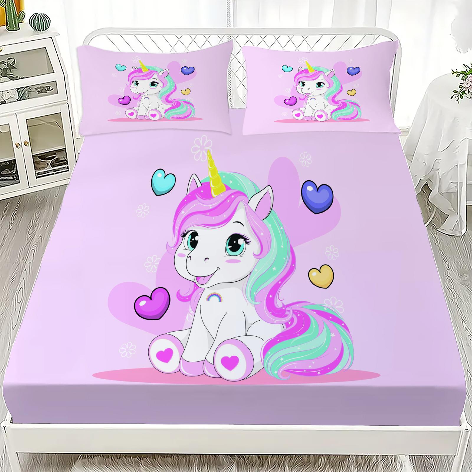 

3D Fitted Sheets Set Unicorn Pattern Cute Bedding Set Printed With 1/2 Pillowcases Customized For Boys And Girls Kids Decorate 90x200cmx25