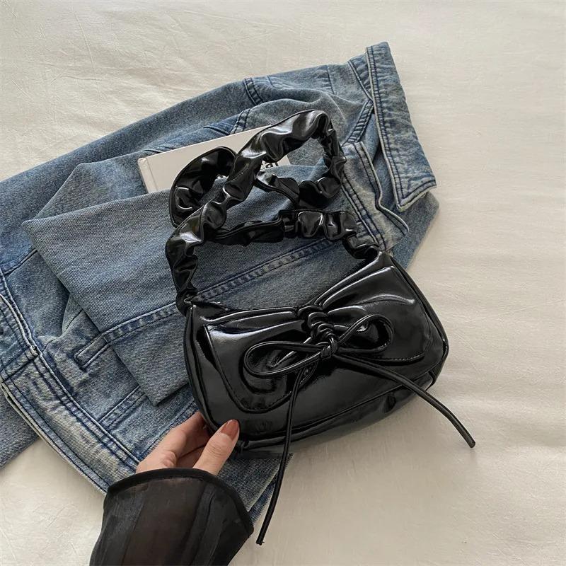 Soft PU Leather Women's Small Shoulder Bags Simple Ruched Design Ladies Underarm Bag Solid Color Bowknot Fashi Purse Handbags