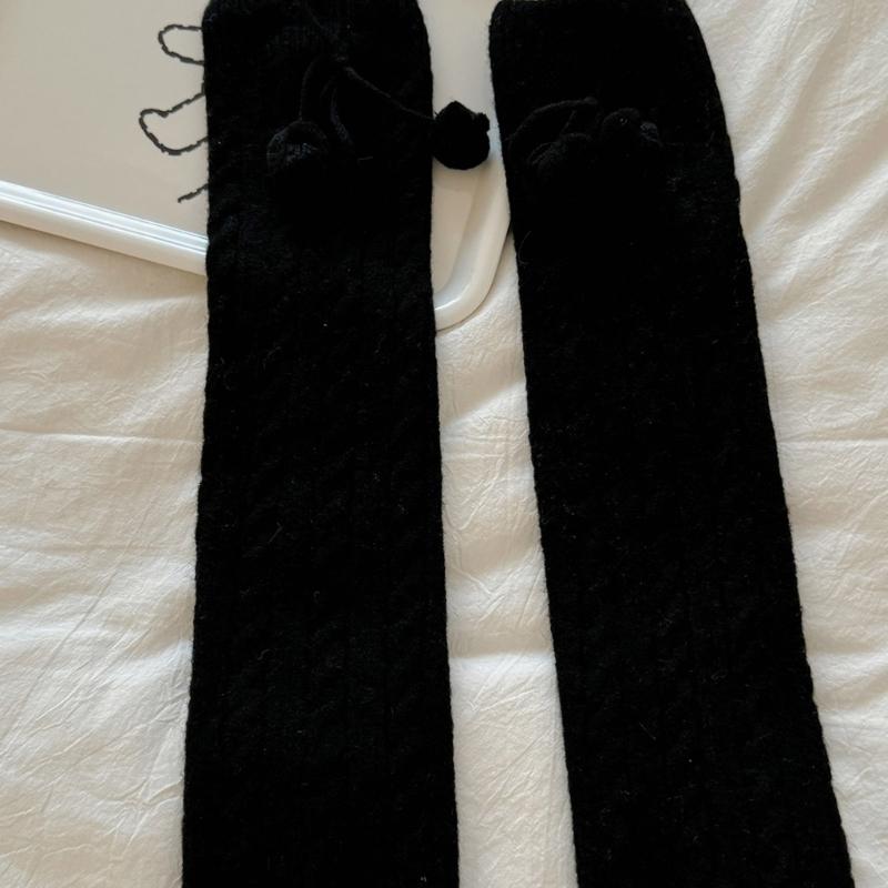 Fashionable Plush Balls Bows Adorned Leg Warmers for Women's Cable Knitted Stretchy Leg Covers Sleeves Calf Socks