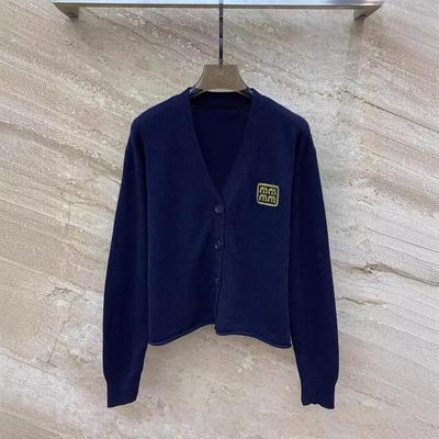 Nanyou Dark Blue Wool Coat - Miu Series: Embroidered Cardigan V-Neck Knitted Top for Women, Spring Collection