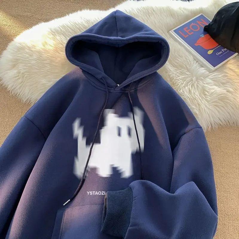 Fashion Womans Hoodie Black Cat Pixel Cartoons Print Pullover Breathable Loose Pocket Warm Sweatshirt Autumn Winter Sportswear