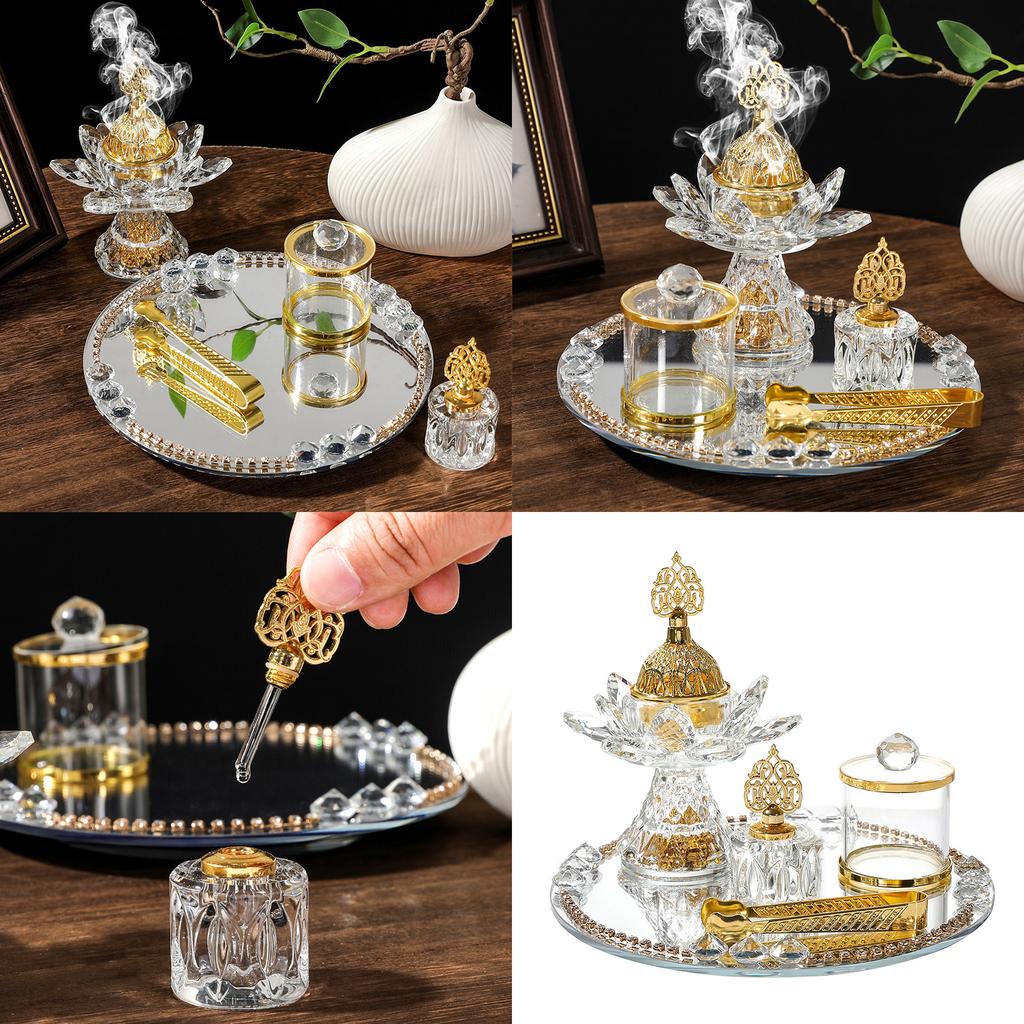 Flower Design Glass Incenses Burners Set Golden Finish Storage Jar With Mirrored Tray Middle Eastern Home Decorations