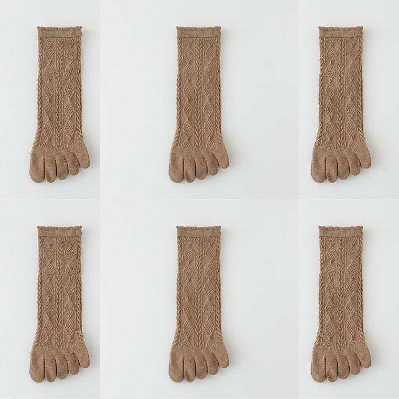 6 Pairs Women Spring and Autumn Pure Cotton Five Finger Socks Retro Solid Color Lace Striped Split Toe Socks Vintage Comfortable Socks