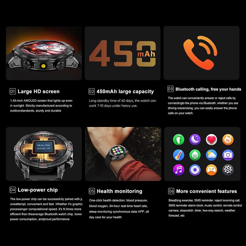 Rainbuvvy KC86 Outdoor Sports Watch 1.43inch Screen Bluetooth Call Heart Rate Calories Altitude Pressure Compass Flashlight Bluetooth Smart Watch