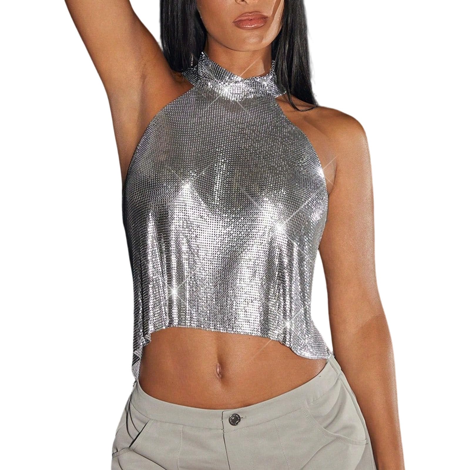 

Женский металлический топ на бретелях с пайетками, сверкающий жилет с бриллиантами на шее S