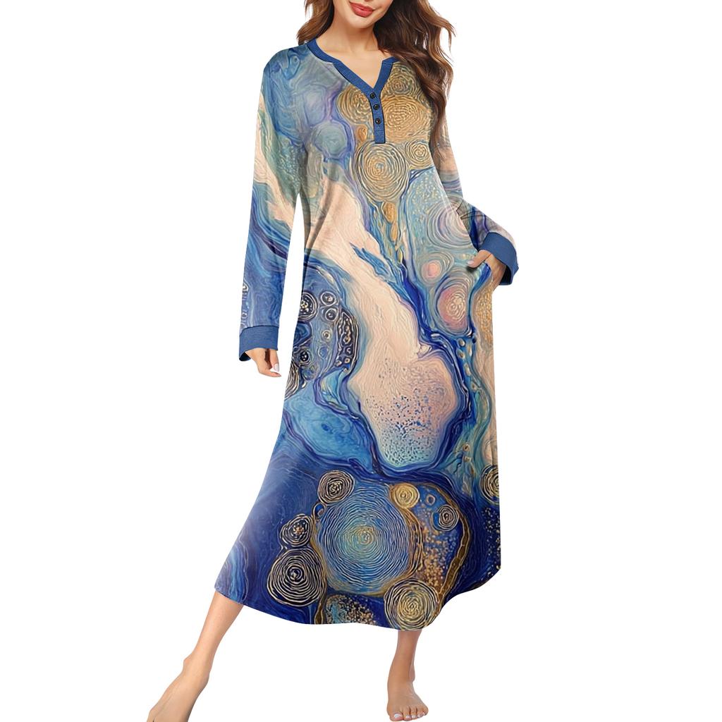 Women's Nightgown Long Loungewear V-neck Nightdress With Pockets