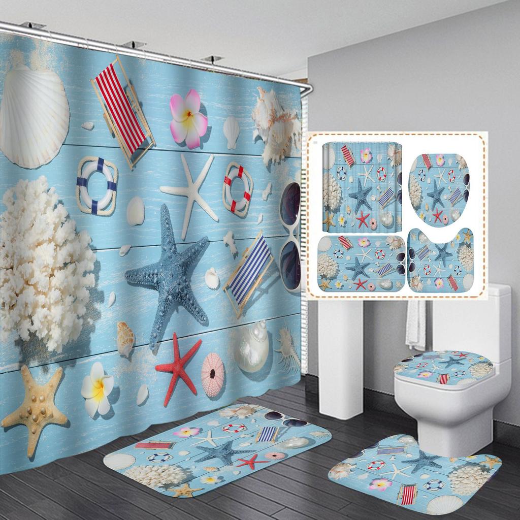 4ks Beach Starfish Series Sady sprchových závěsů do koupelny Protiskluzové Koupelnové koberečky Víko WC Kryt Koupelnová předložka