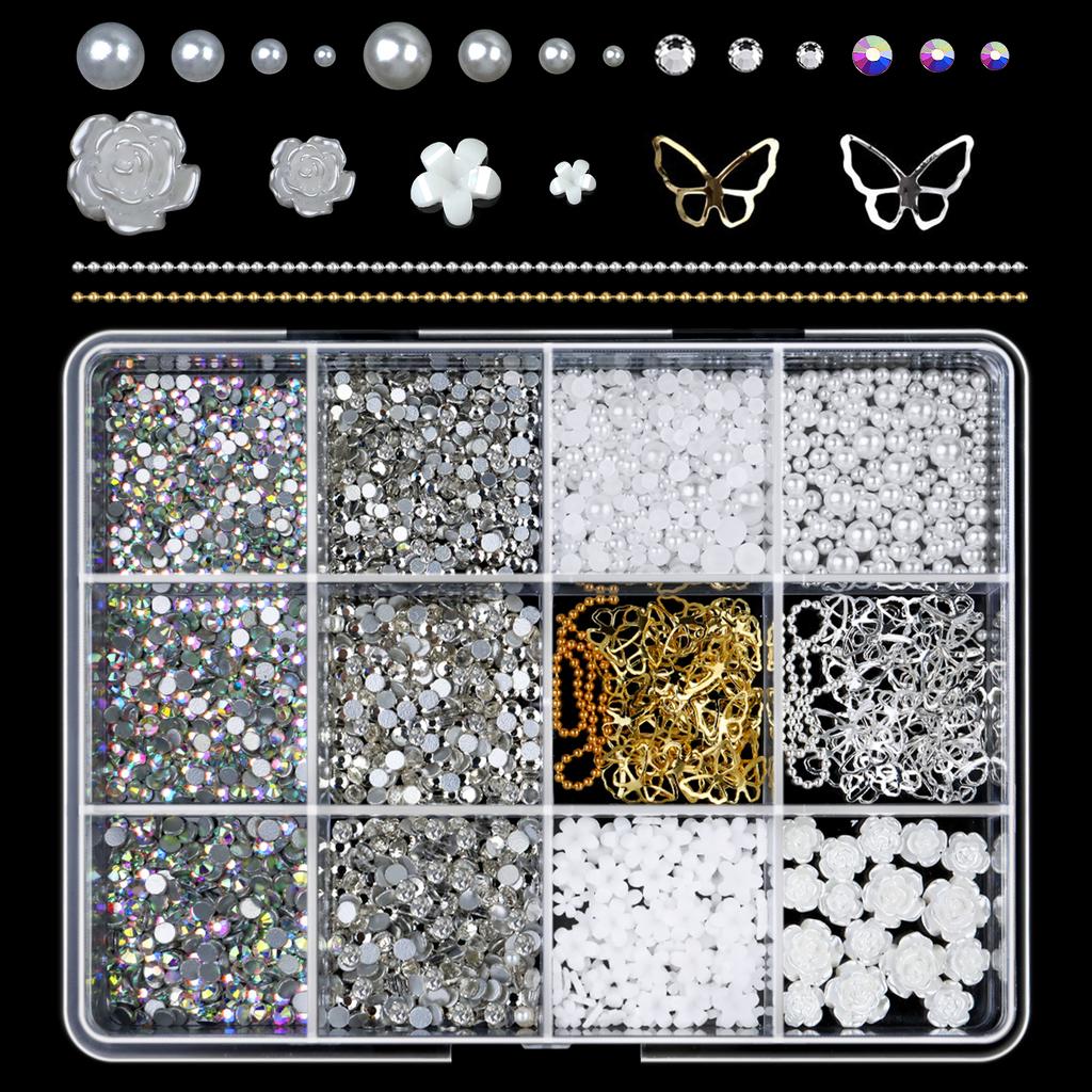 12Grids/box Mixed Resin Bowknot Nail Art Decorations 3D Acrylic Charms Kawaii Colorful Bow Rhinestone DIY Manicure Tools Parts