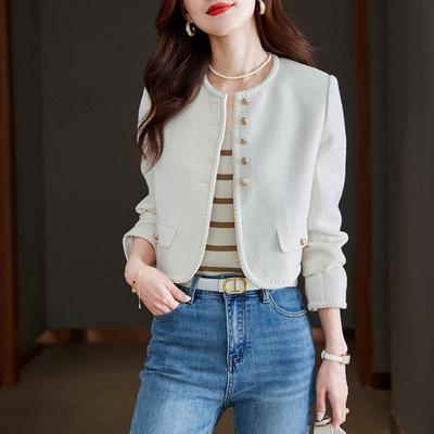 Klassische weiße kleine Duft-Kurzjacke für Damen im Herbst, neue Rundhals-Französische Einreiher-Langarmjacke