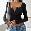 Square Collar Slim Fit Lace Women Blouse Half Open Collar Sweet Tops Casual Long Sleeve Solid Color Simple Short Shirts Ladies Spring Summer Clothing