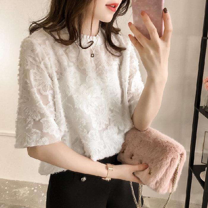 2023 Summer Korean Style Plus Size Slimming Chiffon Top: Women s Short Sleeve Loose Hollow Out T-shirt M