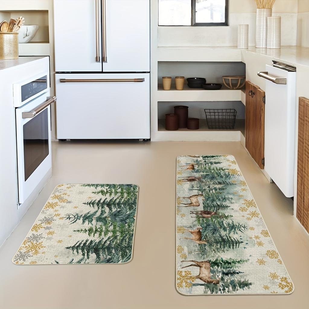 1Pcs Anti Fatigue Kitchen Rugs Xmas Trees Deer Snowflakes Waterproof Non-Slip Thick Cushioned Kitchen Mat Heavy Duty Comfort Standing Mat for Kitchen