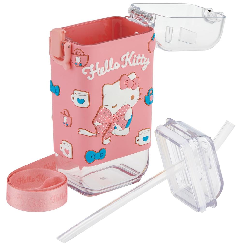 Skater Square Straw Bottle Water Bottle M 450ml with Cover and Shoulder Strap Sanrio Hello Kitty Big Ribbon Girls One-push PSQ5ST-A