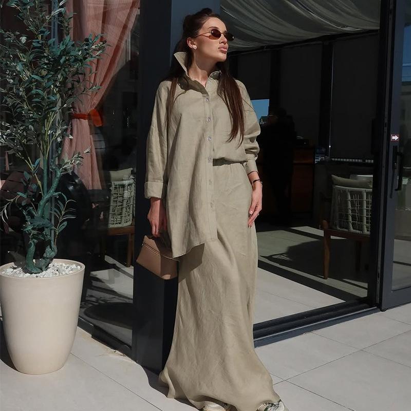 2026 New Fashion Women's Loose Long-Sleeve Shirt with Turn-down Collar and High-Waisted Skirt Set