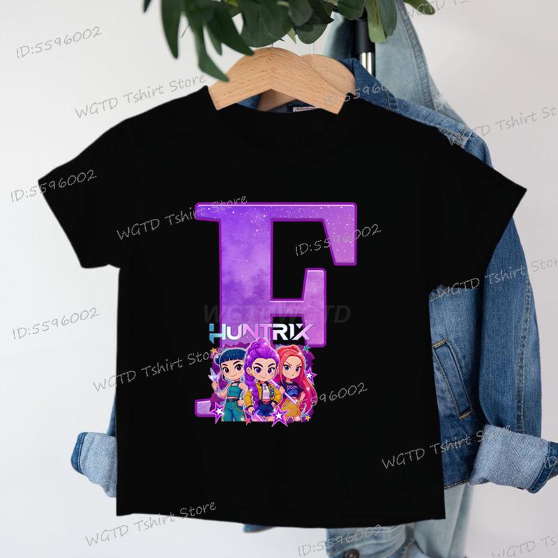 Clothes Child Girl KPop Demon Hunters Letters T-shirt for Children Cartoon Girls Boys Cotton Tee A-Z 26 Alphabet Kids Clothes