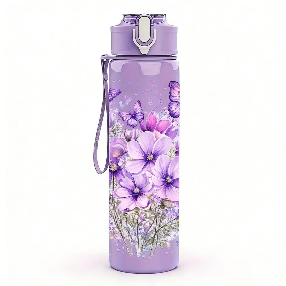 1PC Purple Lavender Bouquet Flower Print 750ml Color Plastic Sports Water Bottle Leakproof Flip Straw Lid Suitable for Sports Office Home Use