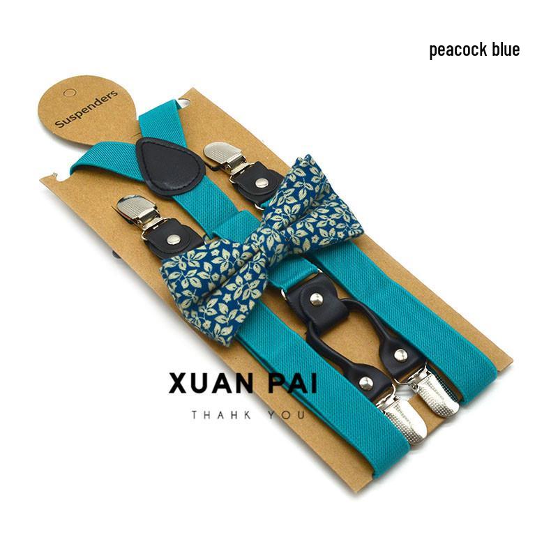 Adult Unisex 4-Clip Elastic Suspenders & Bow Tie Set, Non-Slip, Solid Color, 2.5cm