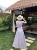 Soft Blue Korean-Style Dress: French Retro Lace, Gentle Purple Puff Sleeves, Waist-Cinching Design