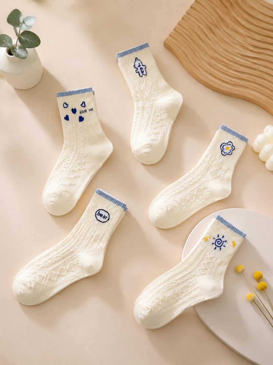 5 Pairs Women s Ankle Socks Fashion Style Floral Vintage Cable Knit Socks, Cute Casual White Mid-Calf Socks синий