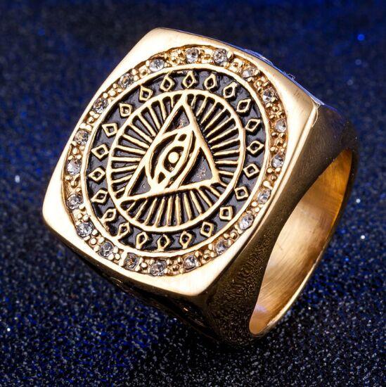 Drop Ship Size 8~13 Cool Golden Eye Ring with Ctystal Stones 316L Stainless Steel Jewelry Lord God Eye Ring 8