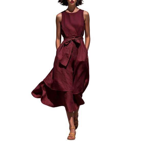 Women s Summer Sleeveless Beach Sundress, Crew Neck Casual Flowy A-line Long Dress, Tie Waist Loose Tank Dress L