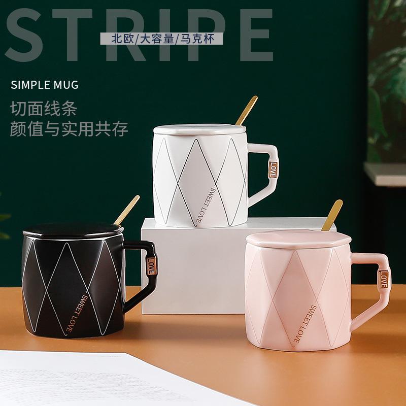 Ceramic Cup With Lid Spoon Creative Office Men And Women Drinking Cup Couple Black And White Advertising Campaign Gifts
