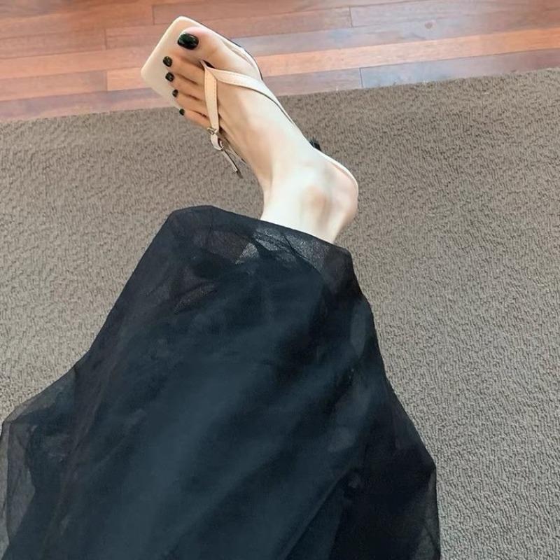 Fashion Women's Stiletto Sandals Summer New Style Square Head Clip Toe Metal Buckle Anti-slip Wear-resistant Flip-flops