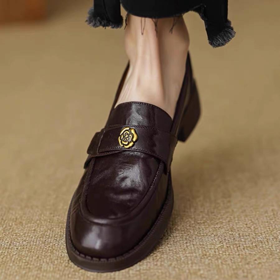 Super Soft Lambskin Black Camellia Loafers 2025 Spring and Autumn New British Style One-pedal Platform Single Shoes Women