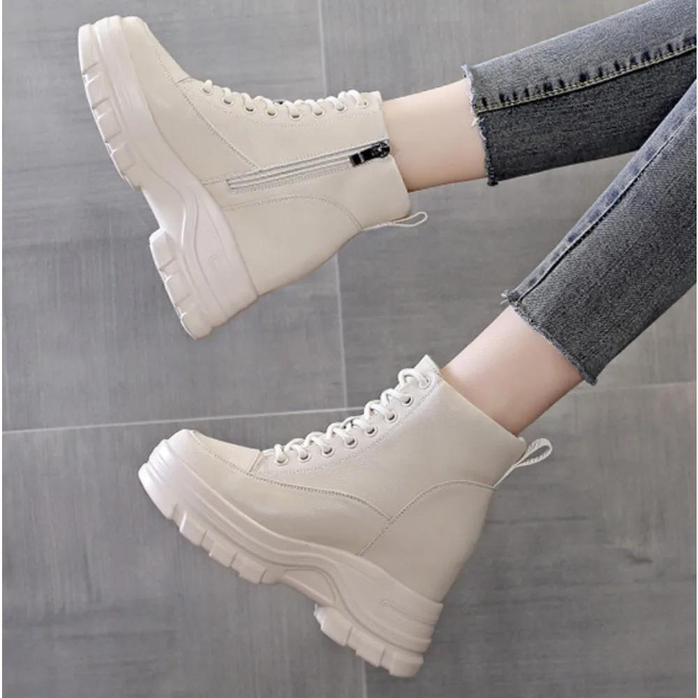 Short Boots Women  New Autumn Collection Thick Soled Woman's Shoes with Increased Height Inside British Style Womens Boots
