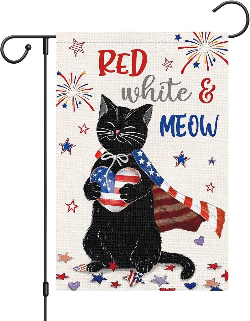 Louise Maelys 4th of July Patriotic Garden ag Black Cat Red White Meow12x18 Inch Independence Day Double Sided Stars and S EEL