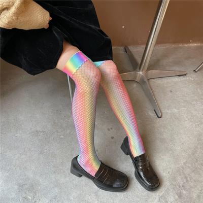 Damen Sexy Lange Netzstrümpfe Regenbogenfarben Damen Einzigartiges Neues Design Overknee Oberschenkelhohe Socken Medias JK Netzstrümpfe