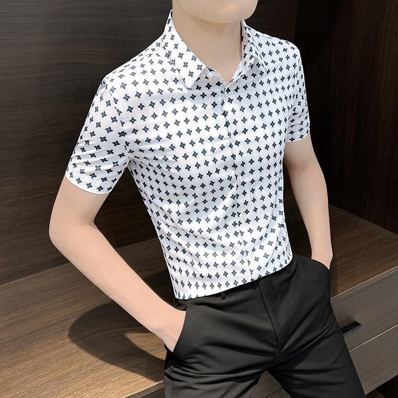 Fashion Men Slim Business Smooth Shirt Korean Clothing Summer New Social Streetwear Smart Casual Lapel White Short Sleeve Tops