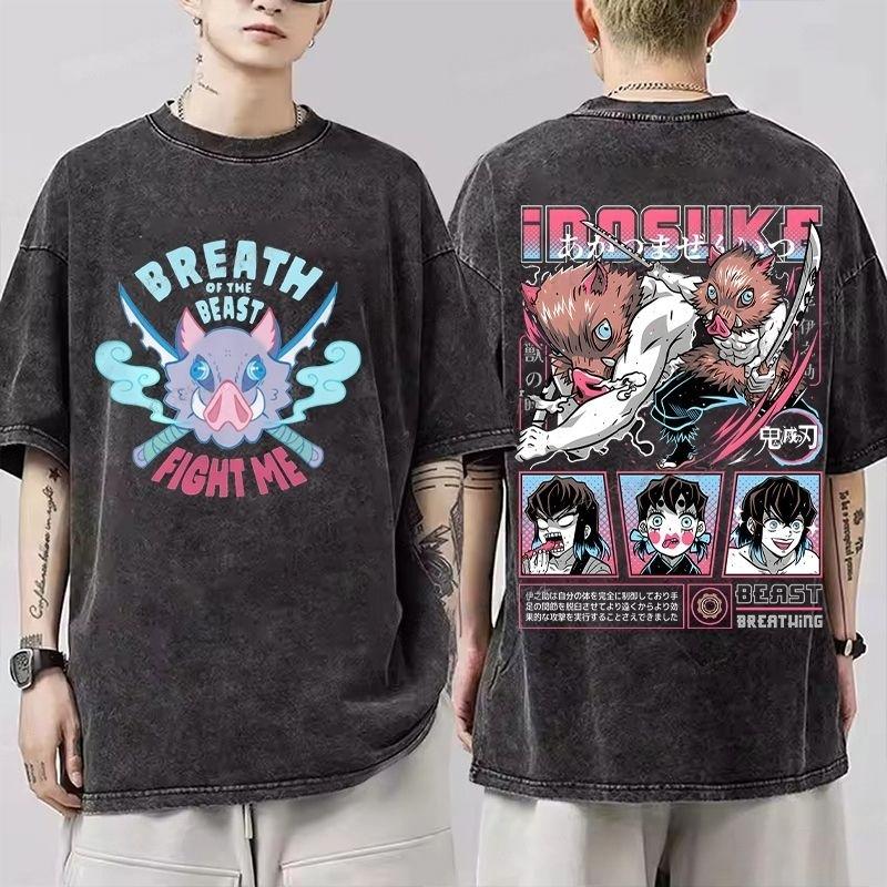 Japanese Anime Demon Slayer Inosuke Print Washed T-shirts Men s Women s Pure Clothing Harajuku Streetwear Cotton S